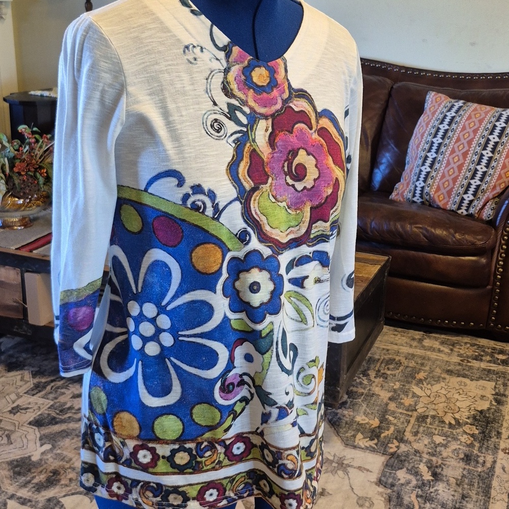 TrishaTyler"Art To Wear" Sz.S. White Floral Pattern Lightweight. SZ. S.(#1757) - Picture 2 of 12